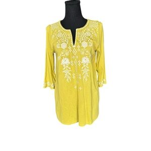 J.Jill Yellow Embroidered Tunic Top XS Boho Coastal Chic Cotton G246